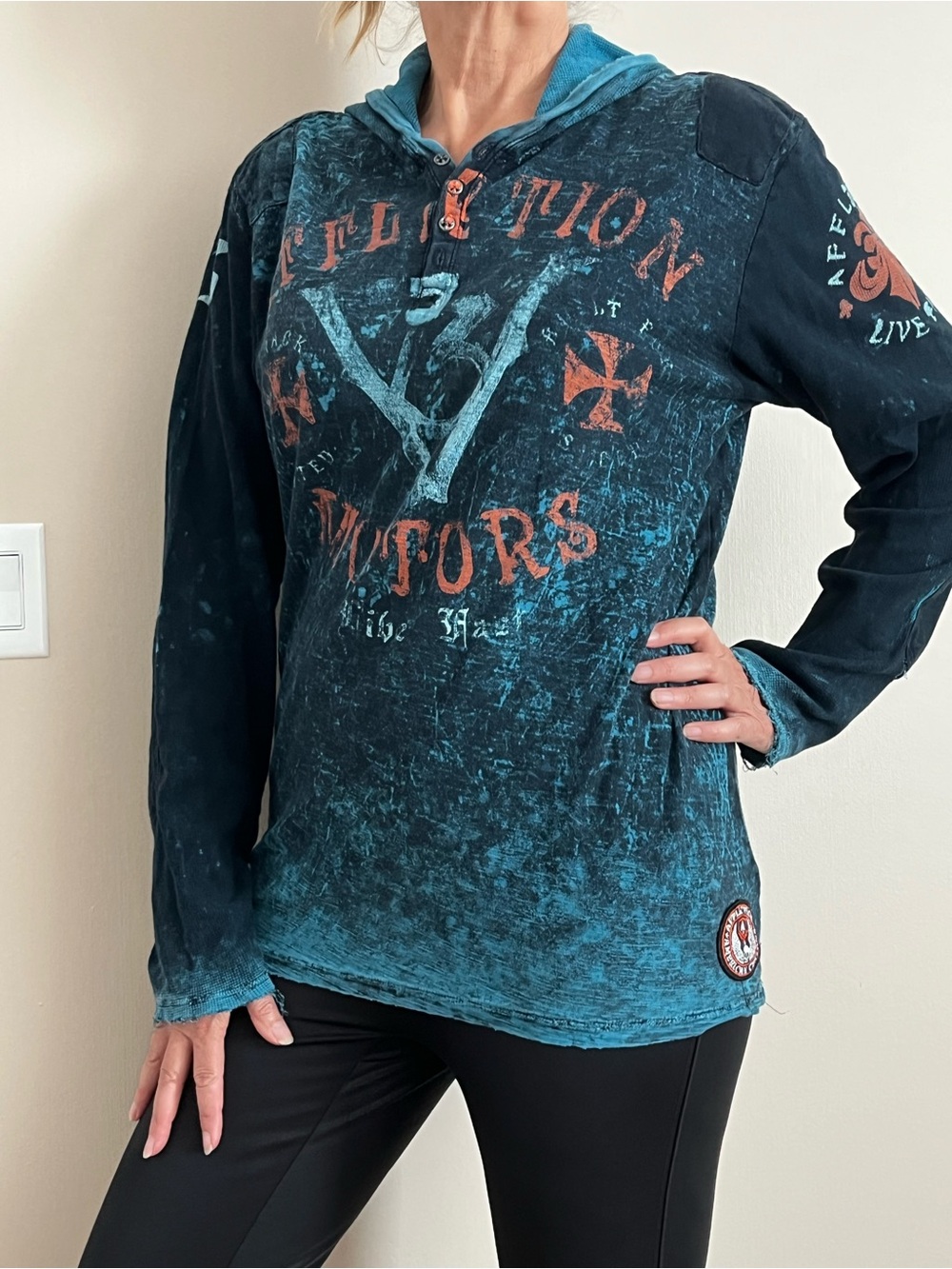 Affliction Women's Teal and Black Distressed Hoodie Sweatshirt - Picture 2 of 7